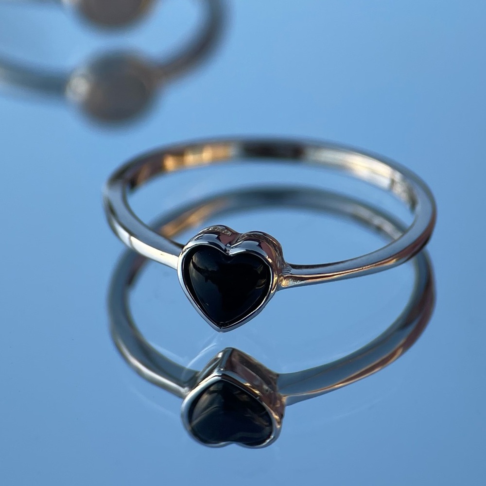 Black Agate Stone Heart 925 Sterling Silver Ring
